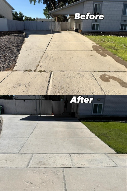 Before and after driveway pressure washing in Lehi Utah by LHS Powerwash